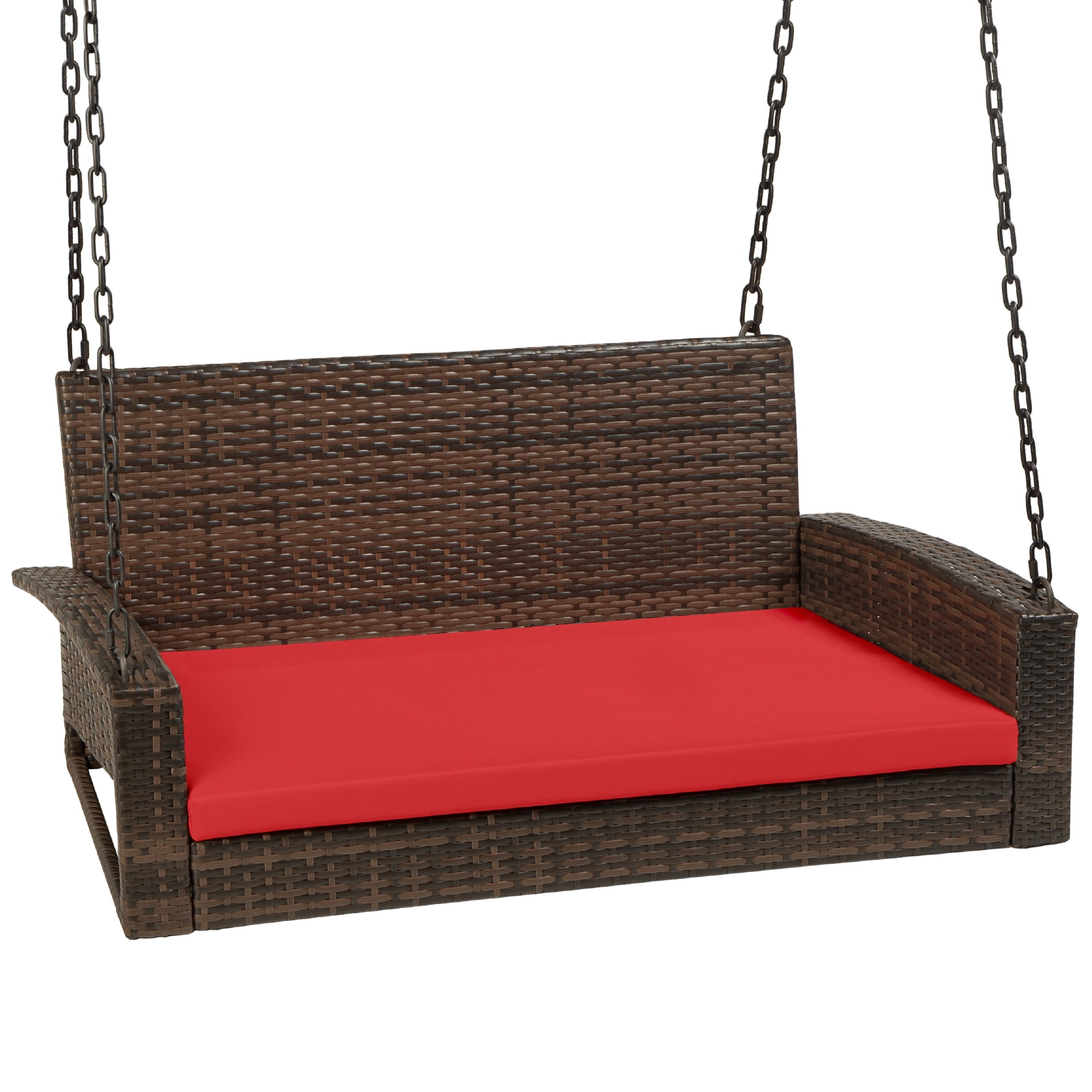 Best Choice Products Woven Wicker Hanging Porch Swing Bench for Patio, Deck  w/ Mounting Chains, Seat Cushion - Brown/Red - Walmart.com