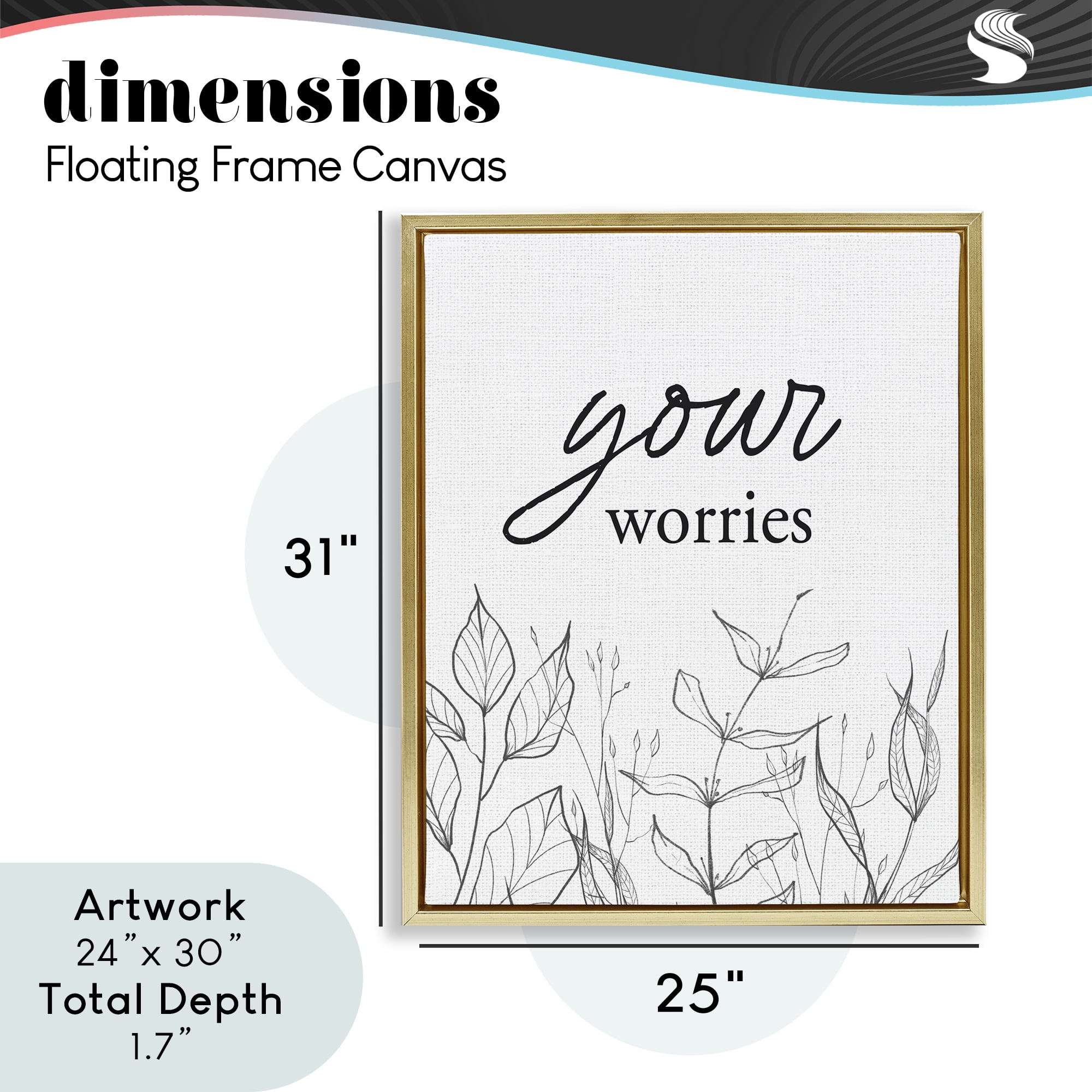 Your Worries Minimalist Leaves Gold Framed Floater Canvas Wall Art, design by Lettered and Lined