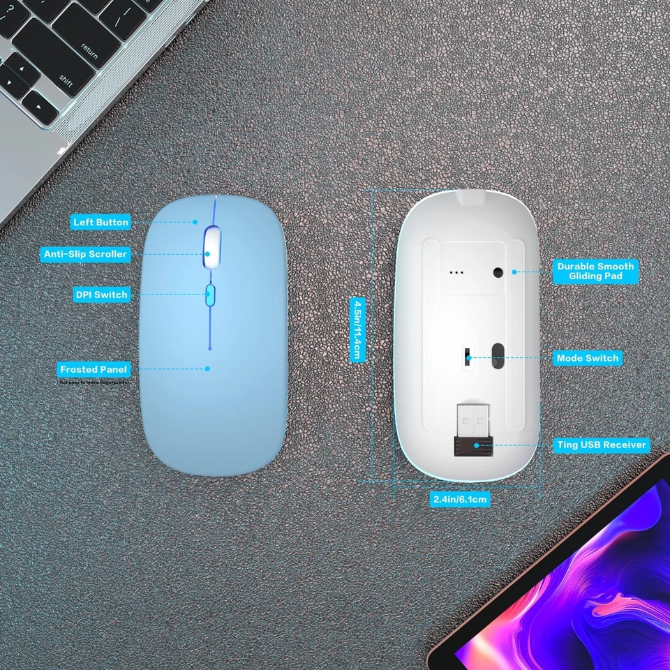 CRESTIN- Wireless Bluetooth Mouse Rechargeable Led Mice Silent Slim Laptop Pc Mac Mouse