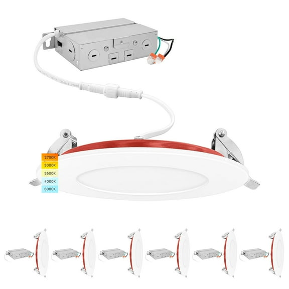 Luxrite 6-Pack 4 Inch Ultra Thin LED Fire Rated Recessed Lights, 5CCT, 800 Lumens, Dimmable, IC Rated, Wet Rated, ETL