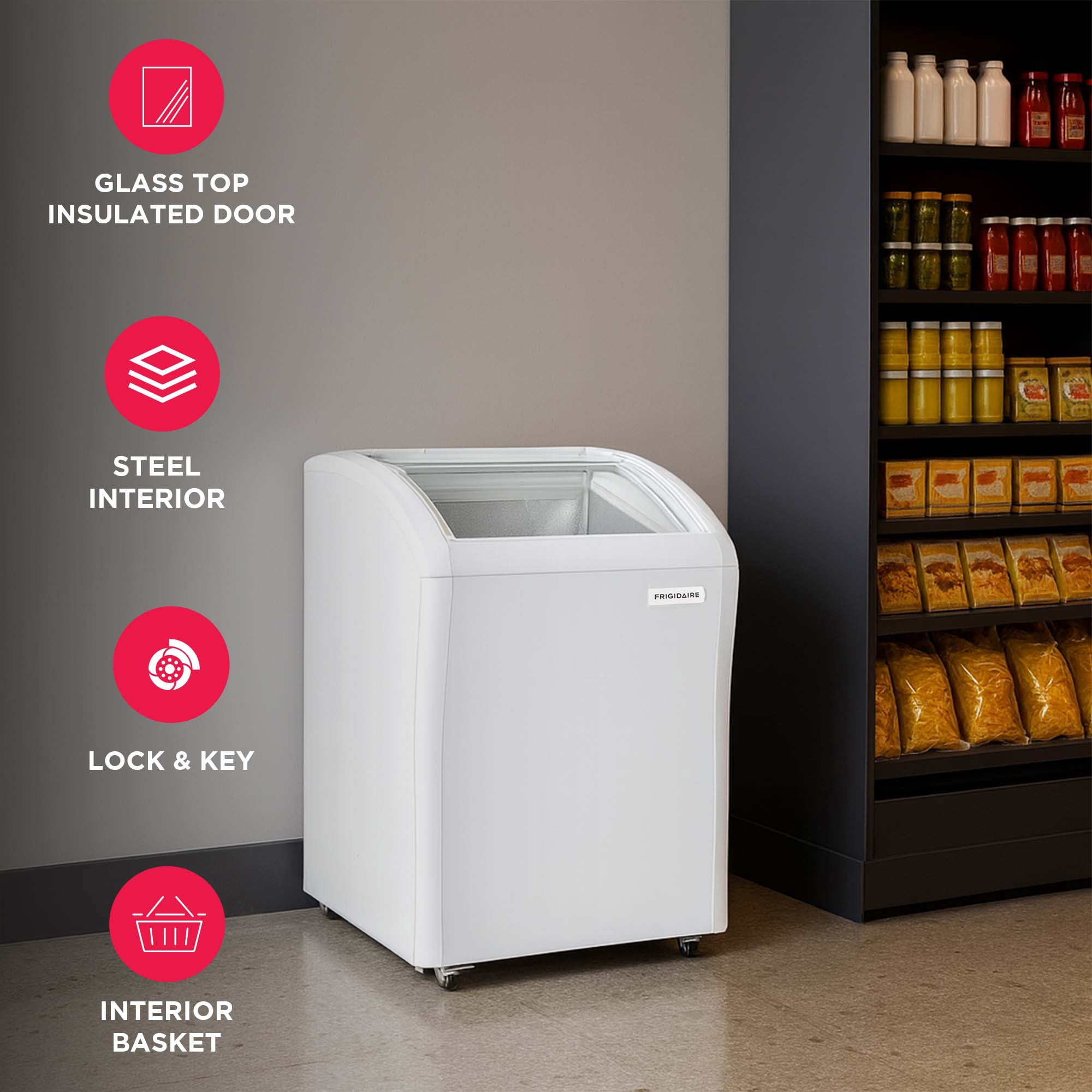 Frigidaire 4 Cu. ft. Curved Glass Top Display Freezer, Convertible 110L Fridge Freezer with Lockable Glass Door and Castor Wheels, White