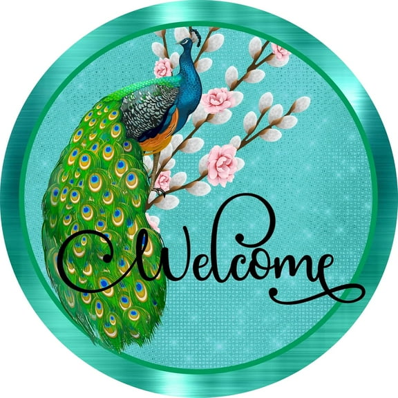 Round Metal Tin Sign Blue Peacock Welcome Sign Peacock Sign Wreath Sign Wall Decor For Farmhouse Office Bedroom Home Living Room Porch 8"x8"