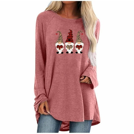 

Women s Valentine s Day Long-sleeve T-shirt Fashion Love Printed Medium Length Round Neck Solid Top Ladies Casual Loose Tee Blouse