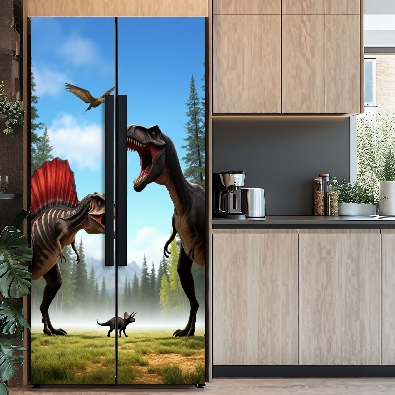 Self Adhesive Vinyl Refrigerator Wrap Set 3D Effect Dinosaurs City Spinosaurus Tyrannosaurus Rex Door Mural Removable Fridge Sticker Peel and Stick&nbsp;Full Door Cover Decal Kitchen Bar Decor
