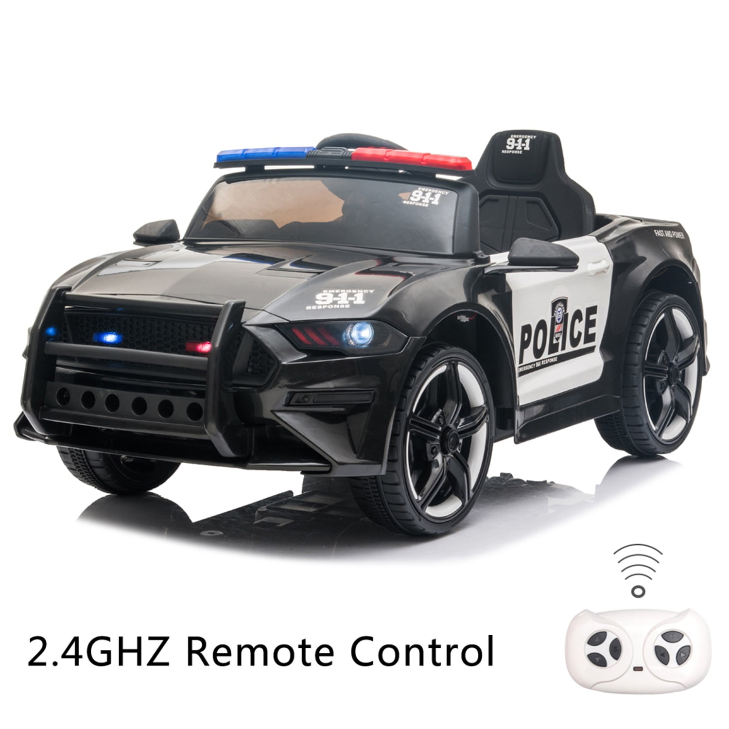CIPACHO 12V Kids Ride On Car, Police Sports Car with 2.4GHZ Remote Control, LED Lights, Siren, Microphone, Black