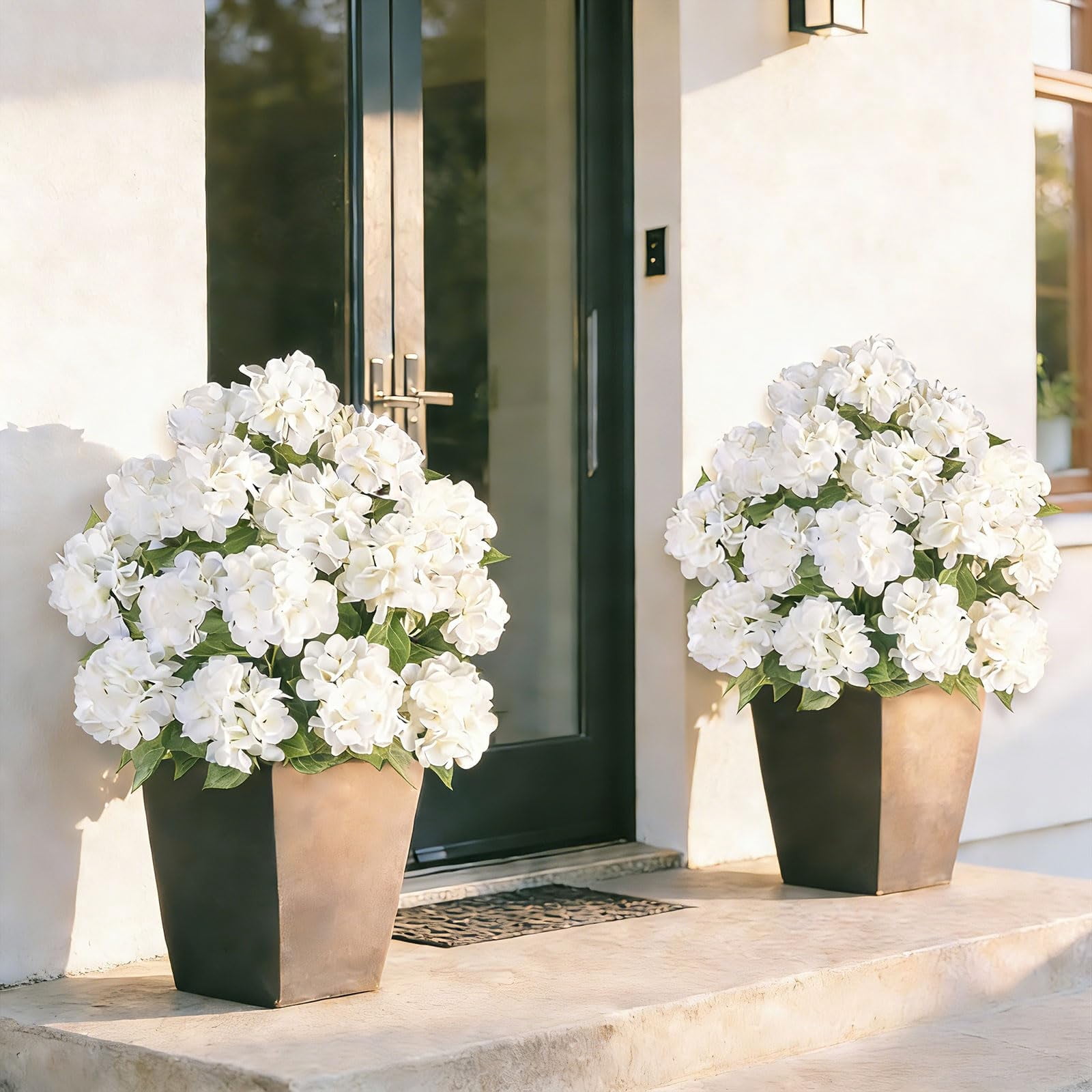 Nuptio Artificial Hydrangea Flowers Trees with Spikes, 2 Pack Fake Hydrangea Bush Tree for Outdoors Planter Wedding Front Porch Garden Patio (White)