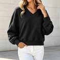 thumbnail image 2 of Hurxie Womens V Neck Cropped Sweatshirt Casual Pullover Tops Cropped Length with Chest Pocket Drop Shoulder Casual Fall Style Black,L, 2 of 6
