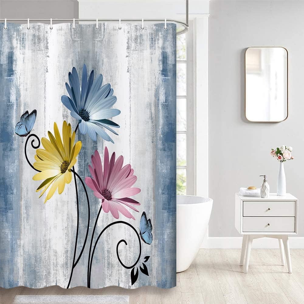 Rustic Farmhouse Shower Curtain, Farm Blue Daisy Floral Flowers and Butterfly on Country Wooden Shower Curtain for Bathroom, Turquoise Pink Yellow Bathroom Shower Curtains with 6PCS Hooks, 36X72IN