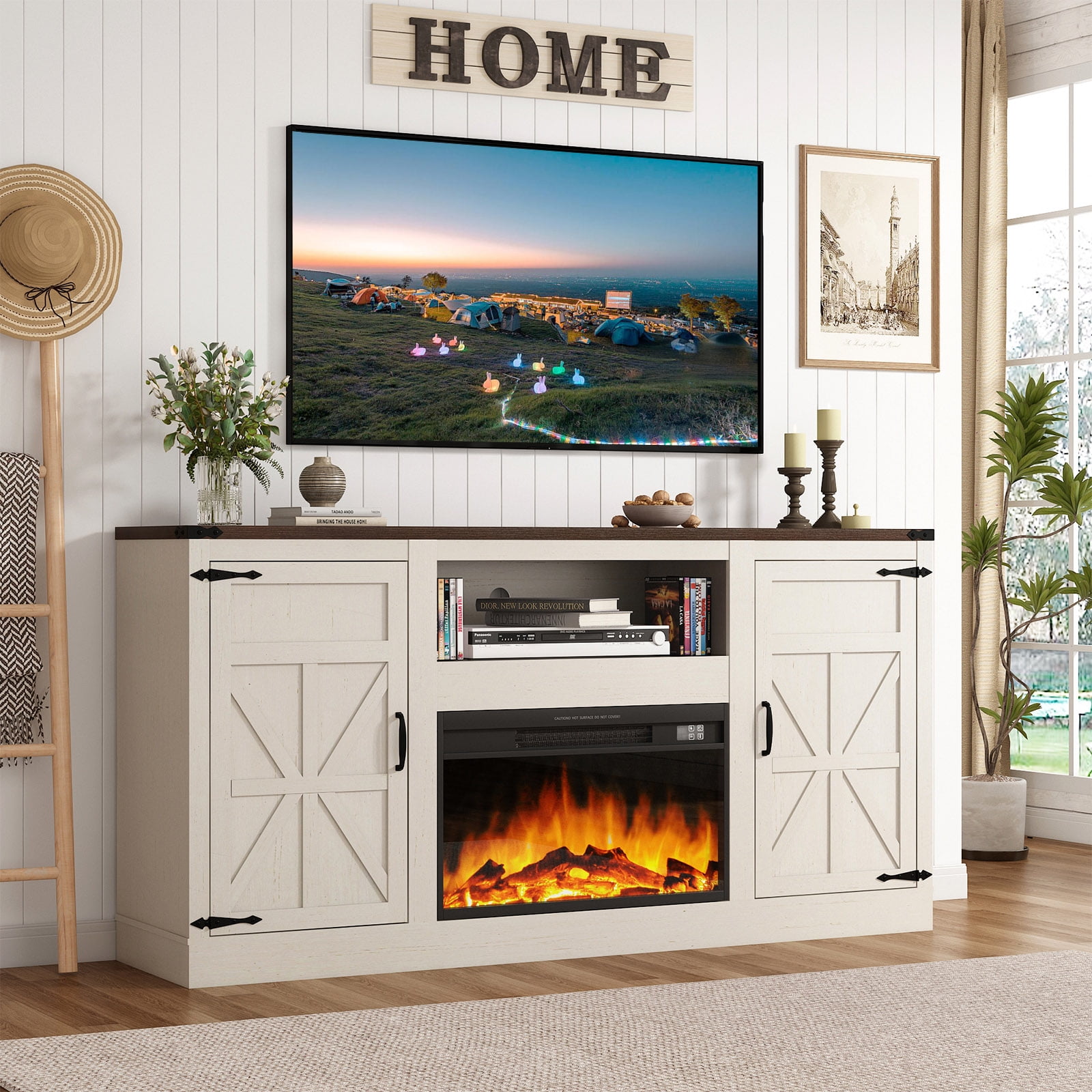 ChVans Farmhouse TV Stand with 26" Fireplace for 65"-75" TVs, 33" Tall Fireplace TV Entertainment Center Stand with Storage for Living Room