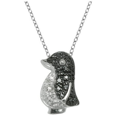 Black and White Diamond Accent Sterling Silver Penguin Pendant, 18"