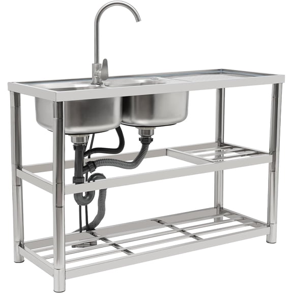 Stainless Steel Kitchen Sink 2 Compartment Freestanding Utility Sink Kitchen Commercial Sink for Garage, Restaurant, Kitchen, Laundry Room 47x17.7x31.5in