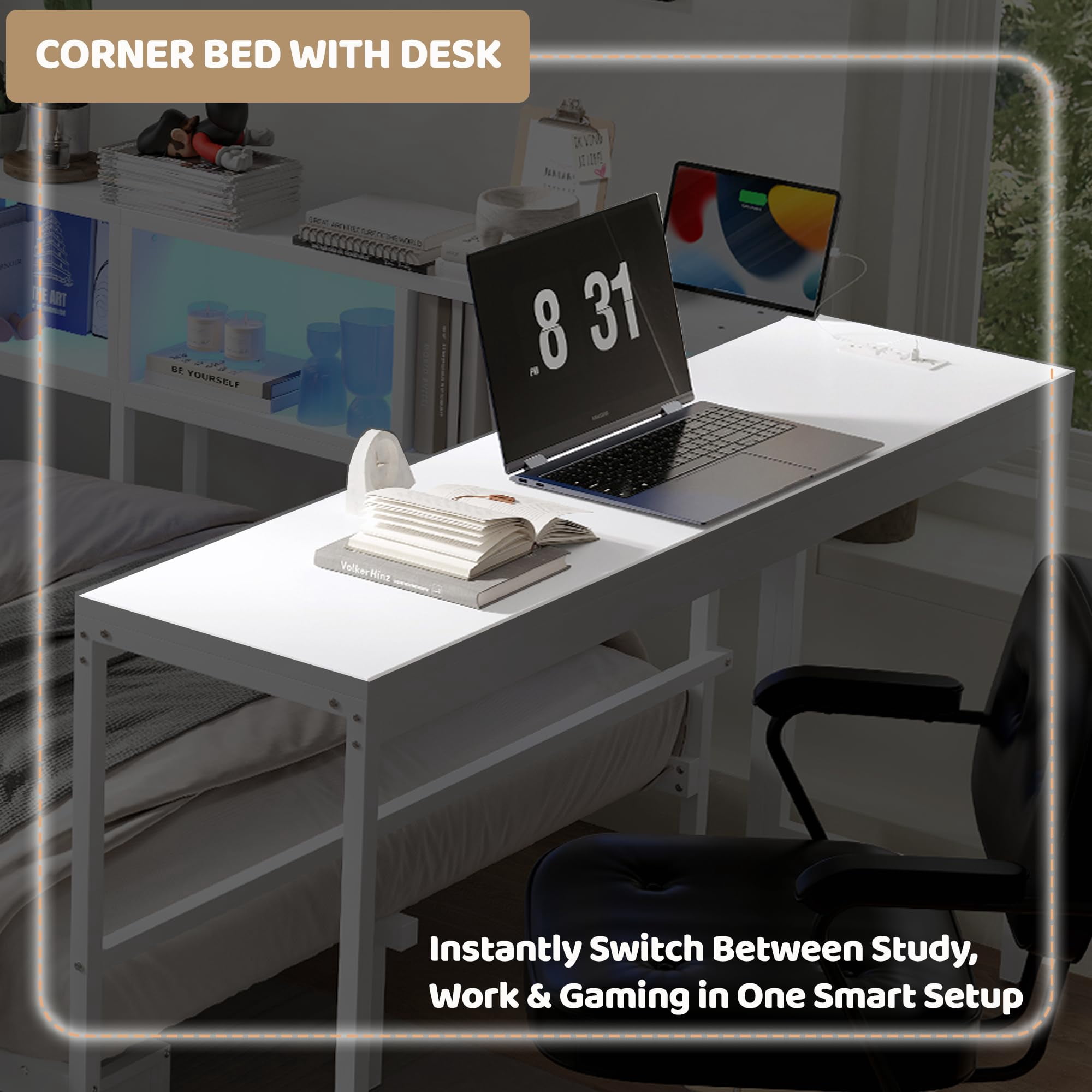 Miniyam Twin Size Daybed with LED Lights, Desk, Charging Station, Storage Drawers, Shelves and Flip-Up Headboard for Teens, White