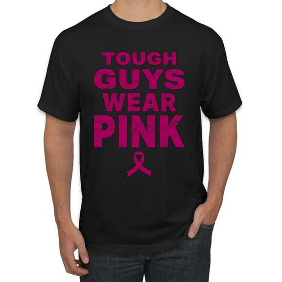 Wild Bobby Tough Guys Wear Pink Distressed Breast Cancer Awareness Men Tee, Black, Small