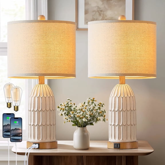 Lolikit Table Lamp Set of 2 Resin Bedside Lamps Dimmable Light Touch Lamp for Bedroom Living Room with Dual USB Charging Ports
