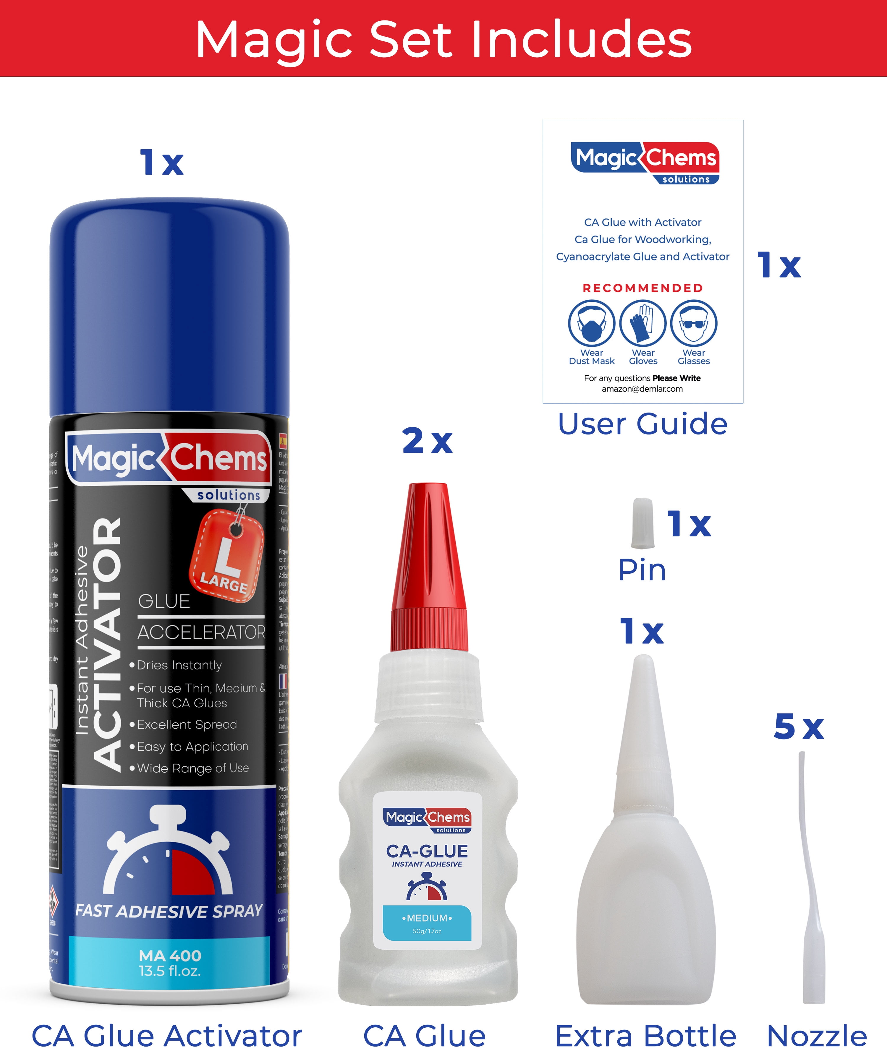 CA Glue with Activator (32 x 1.7 oz + 16 x 13.5 fl oz), Cyanoacrylate Glue and Activator, Super Glue with Activator, CAGlue and Accelerator (16 Pack)