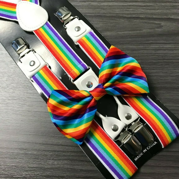 Rainbow 4 Clip Suspender   Clip on Bow-Tie Matching Set for Adults Men Women