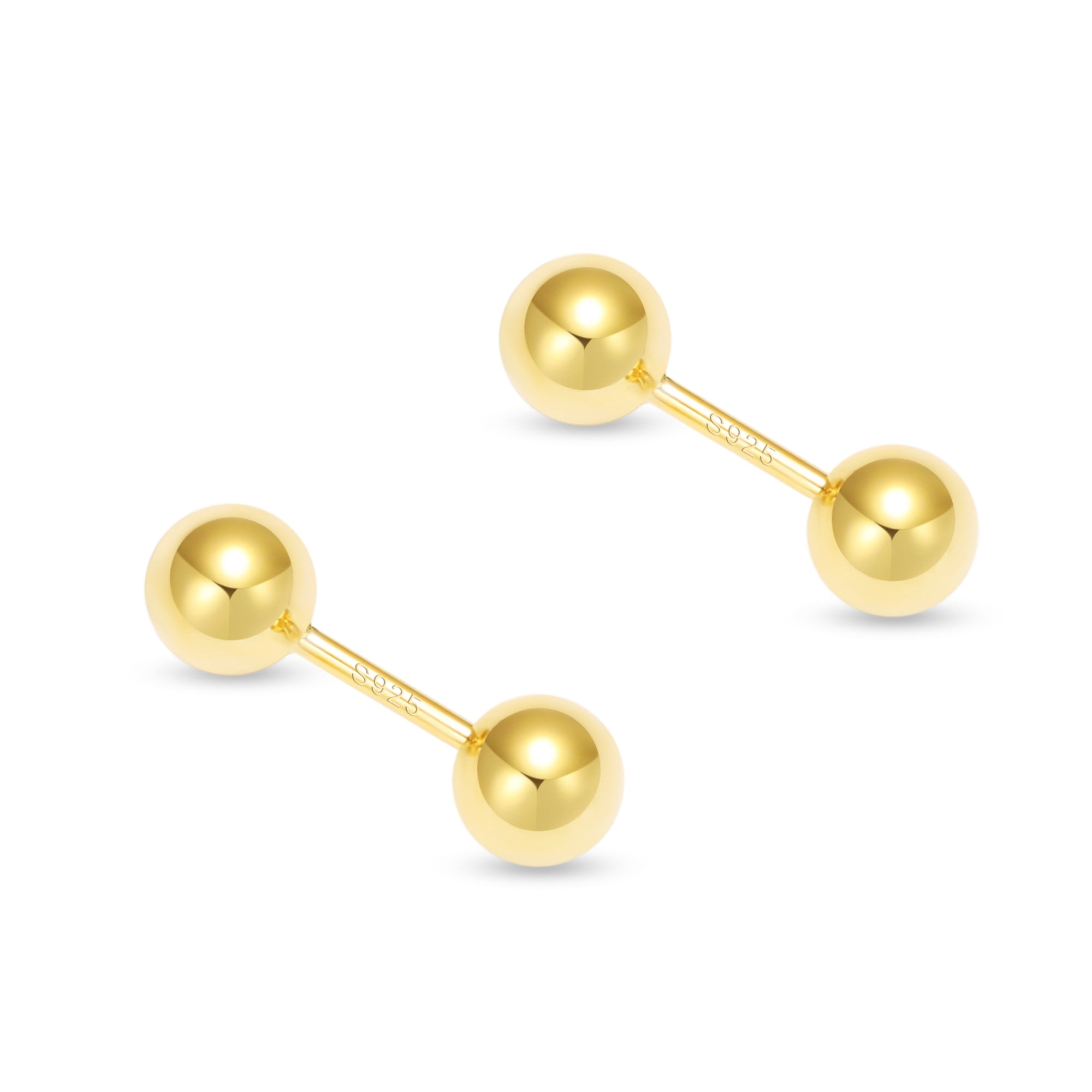 RYSKYJEWELRY Two Ball Stud Earrings, Screw Back , Solid 925 Sterling Silver, Unisex, All Ages