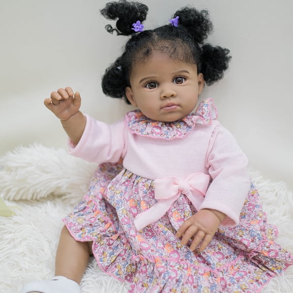 Lifelike Black Newborn Dolls 24 inch Soft Cloth Body Handmade Real Life Baby Real Live Baby Dolls with Clothes and Feeding Toy for Kids Age 3 