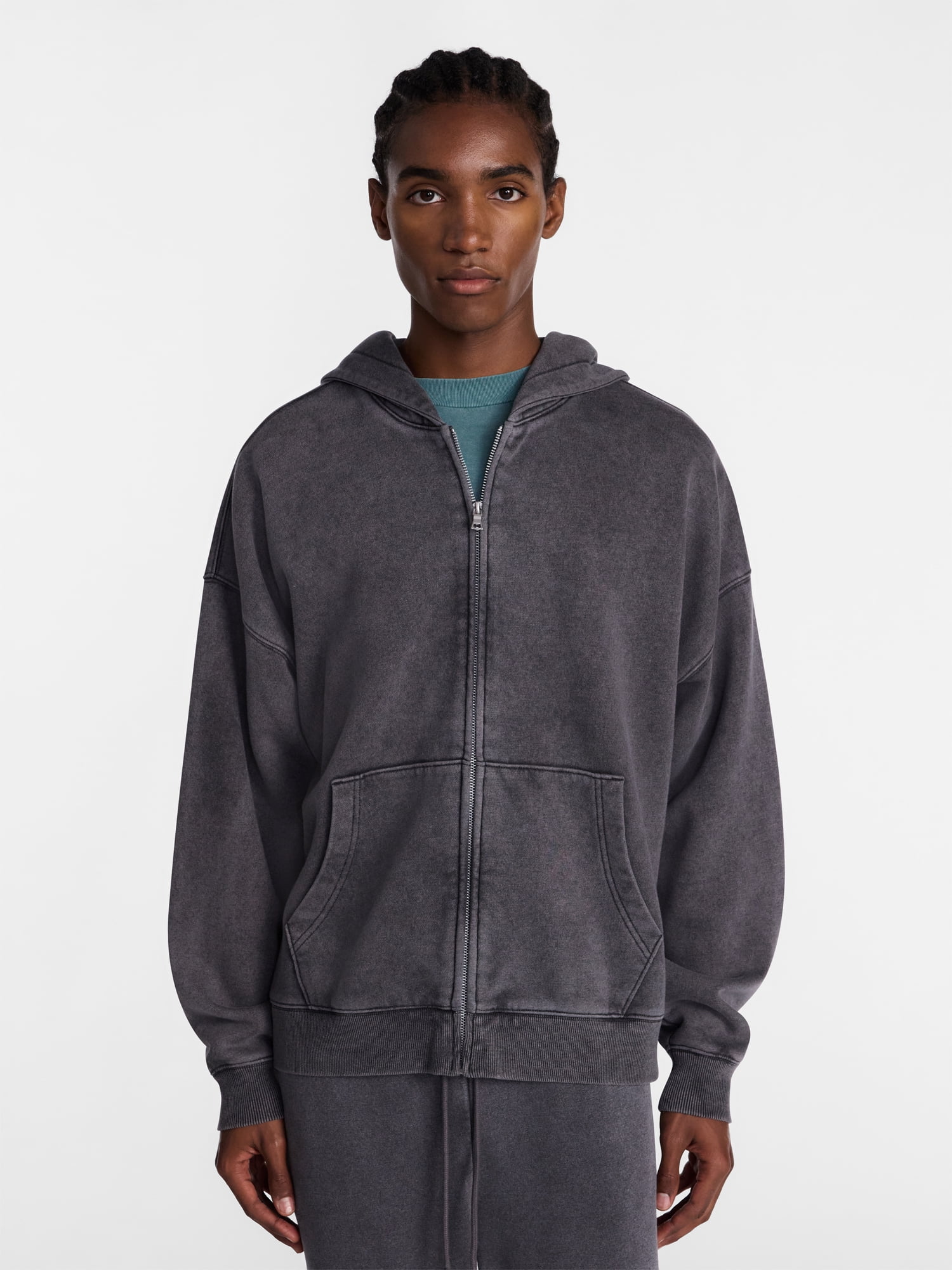 No Boundaries Boxy Oversized Fit Fleece Zip Hoodie Sweatshirt with Long Sleeves, Men's XS-4XLT
