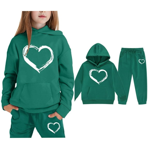 LIUYUNNN Kids Boys Girls Active Sweatsuit 2PC Long Sleeve Pullover Dark Green Heart Tracksuit Hoodie Jogger Set Warm Fall Winter Clothes Boys Jogger Set 8-9 Years Boys Girls Autumn and Winter Outfits