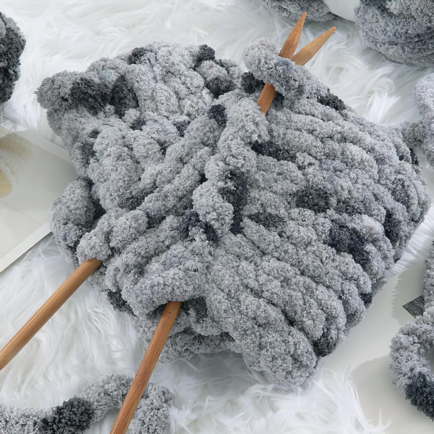 Super Bulky Giant Yarn - Chunky Chenille for Hand & Arm Knitting, Crocheting - Fluffy Plus Thick Yarn - 8 Jumbo Skeins, Grey (29 yds, 7.5 oz Each)