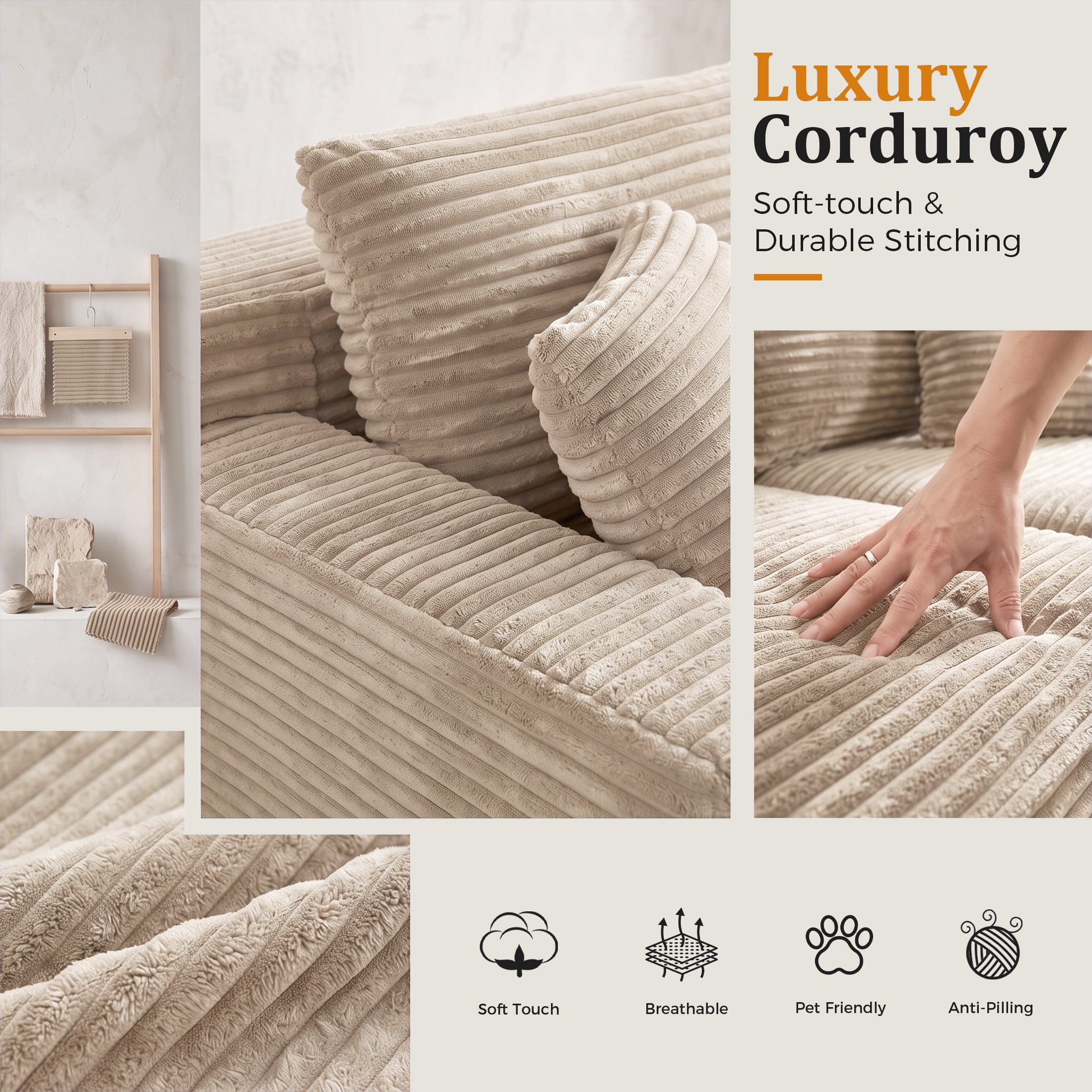 Aenkyo 106 Inch Corduroy L-Shaped Cloud Sectional Sofa with Reversible Chaise, Camel