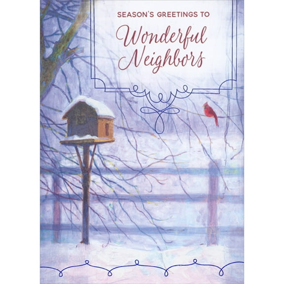 Designer Greetings Cardinal, Snow Covered Birdhouse and Fence in Winter Setting Season's Greetings Card for Neighbors