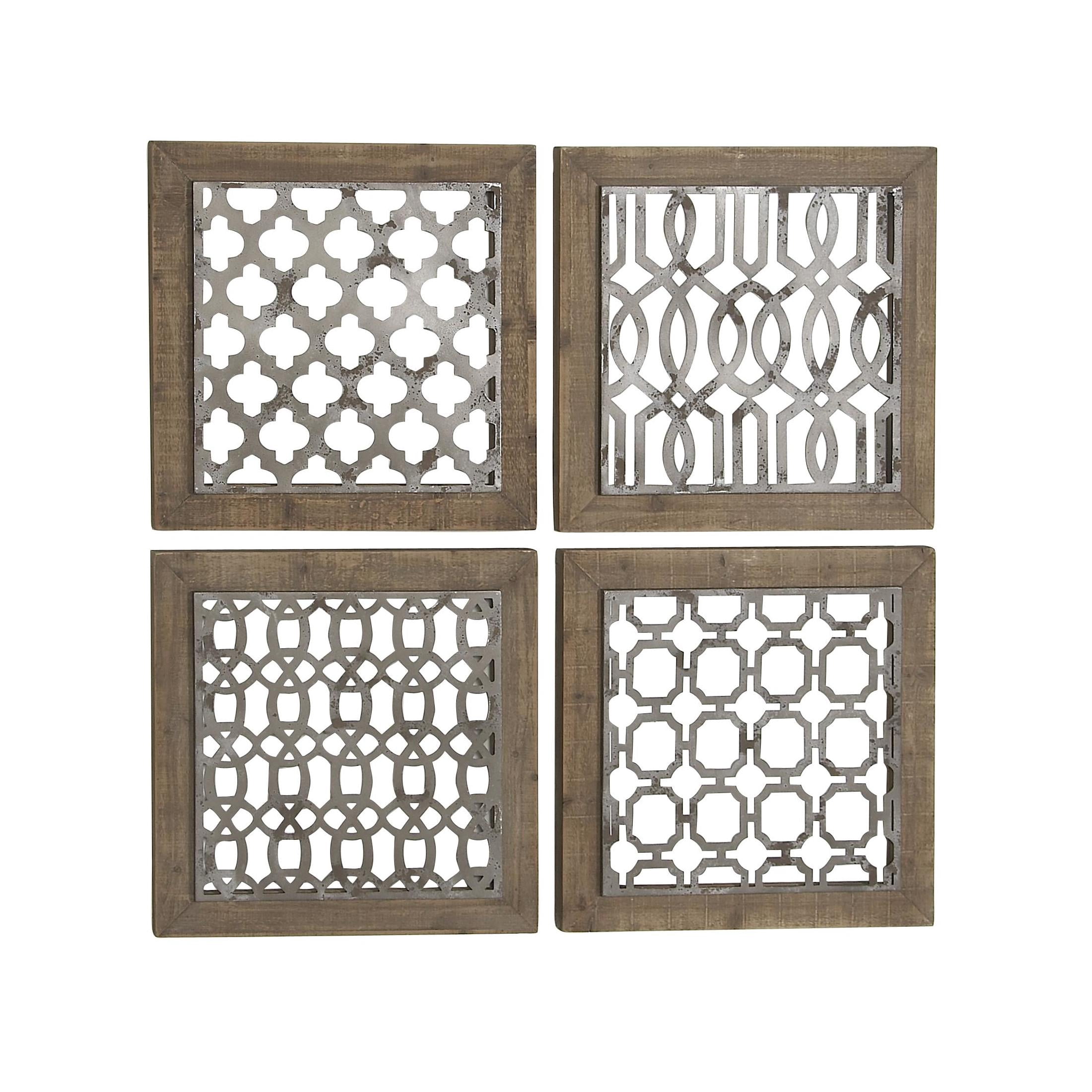DecMode Farmhouse Natural Brown Wood Square Wall Décor, Set of 4 19"W x 19"H, Features Quatrefoil, Imperial Trellis, Chain-Link and Tile Patterns