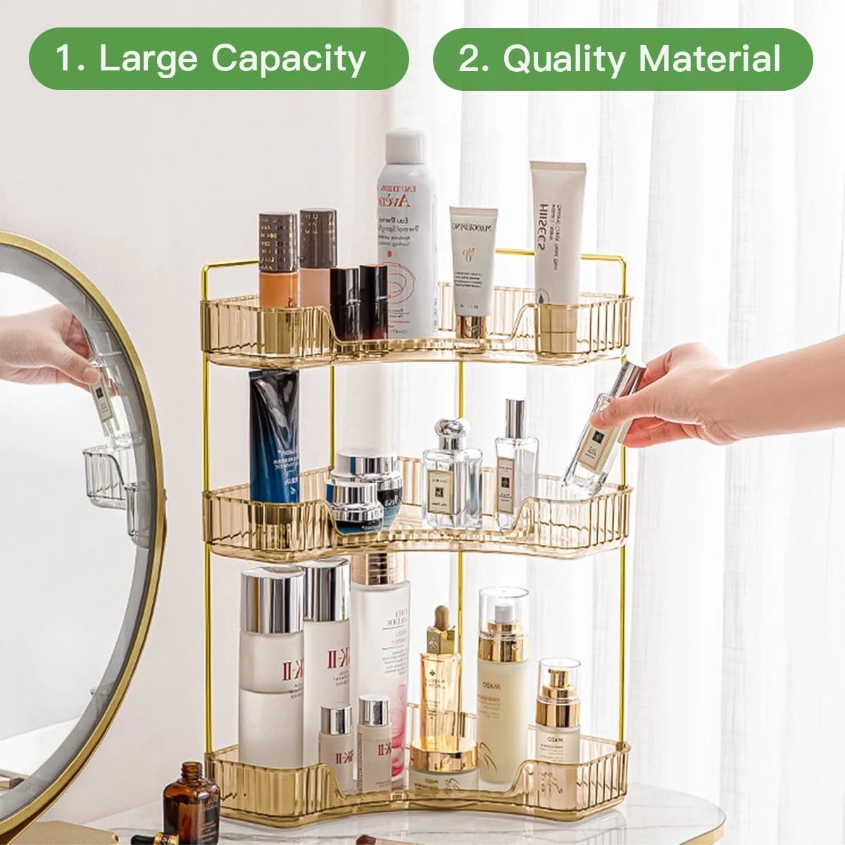 TEAFIRST 3-Tier Makeup Organizer, Bathroom Corner Countertop Organizer Space Saving waterproof Gold