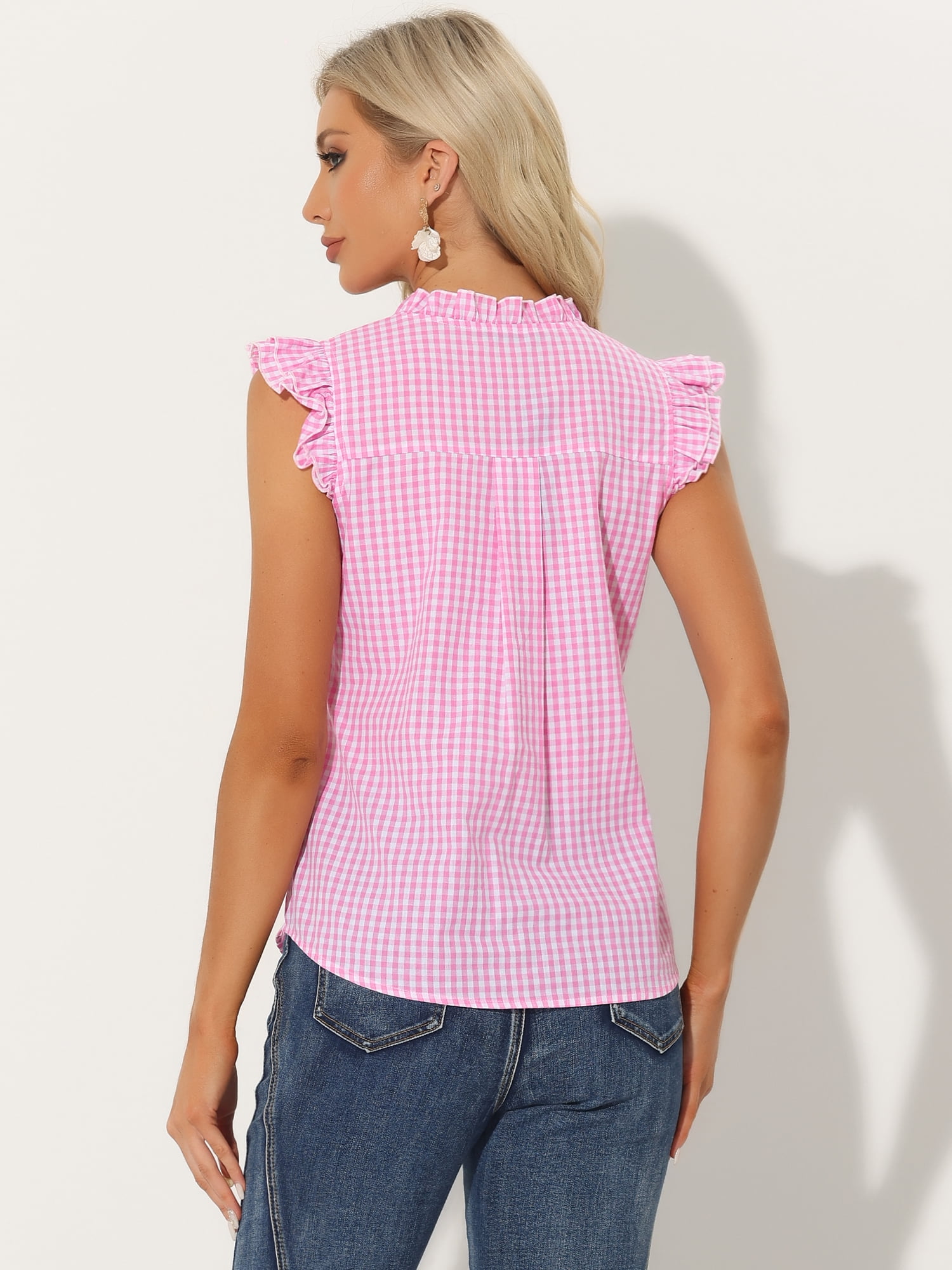 DARING DIVA Women's Cap Sleeve Plaid Gingham Ruffle Blouse XS Pink
