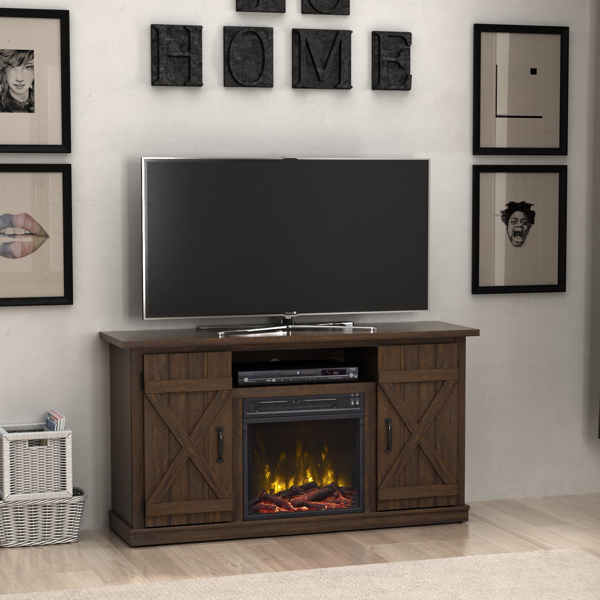 Details About Electric Fireplace Tv Stand 55 Media Entertainment Console Center Wood Brown
