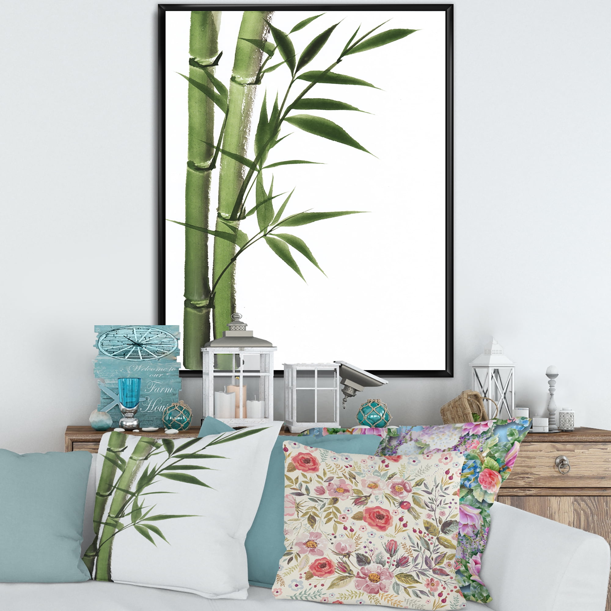 Designart 'Detail of Dark Green Bamboo and Leaves I' Traditional Framed Canvas Wall Art Print