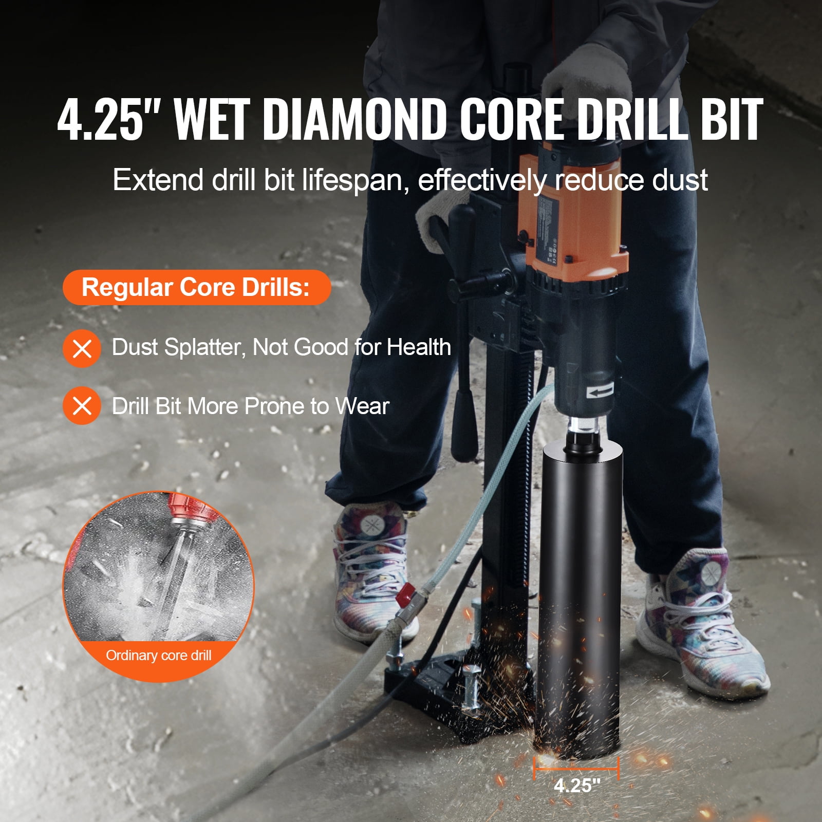 KFFKFF Diamond Core Drill Bit, 4.25" Diamond Wet Core Drilling Bits, 14" Penetration Depth Concrete Core Drilling Bit with Saw Edge, 1-1/4"-7 Inner Thread, Laser Fused, Diamond Wet Boring Bit