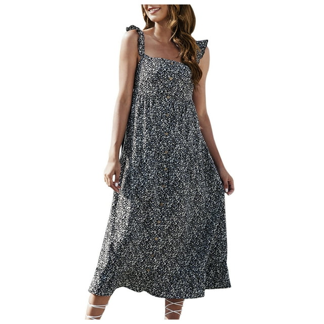 Vestido largo suelto sin mangas con cuello cuadrado y estampado informal de verano para mujer a la moda Fridja hj266