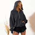 thumbnail image 3 of Women Oversized Half Zip Hoodie High Neck Drawstring Sweater Y2K Long Sleeve Pullover Casual Sweatshirt with Pockets, Dark Grey, 2XL, 3 of 7