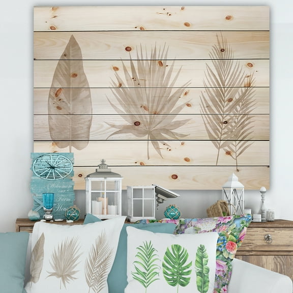 Designart 'Tropical Beiges Leaves On White' Traditional Print on Natural Pine Wood