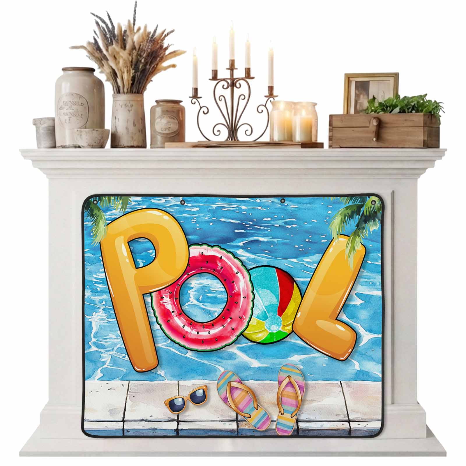 Blue Summer Pool Magnetic Fireplace Cover Fireplace Draft Blocker Watermelon Swimming Ring Slippers Fireplaces Blanket for Heat Loss/Cold Air Fireplaces Draft Stopper Cover for Inside 39 x32
