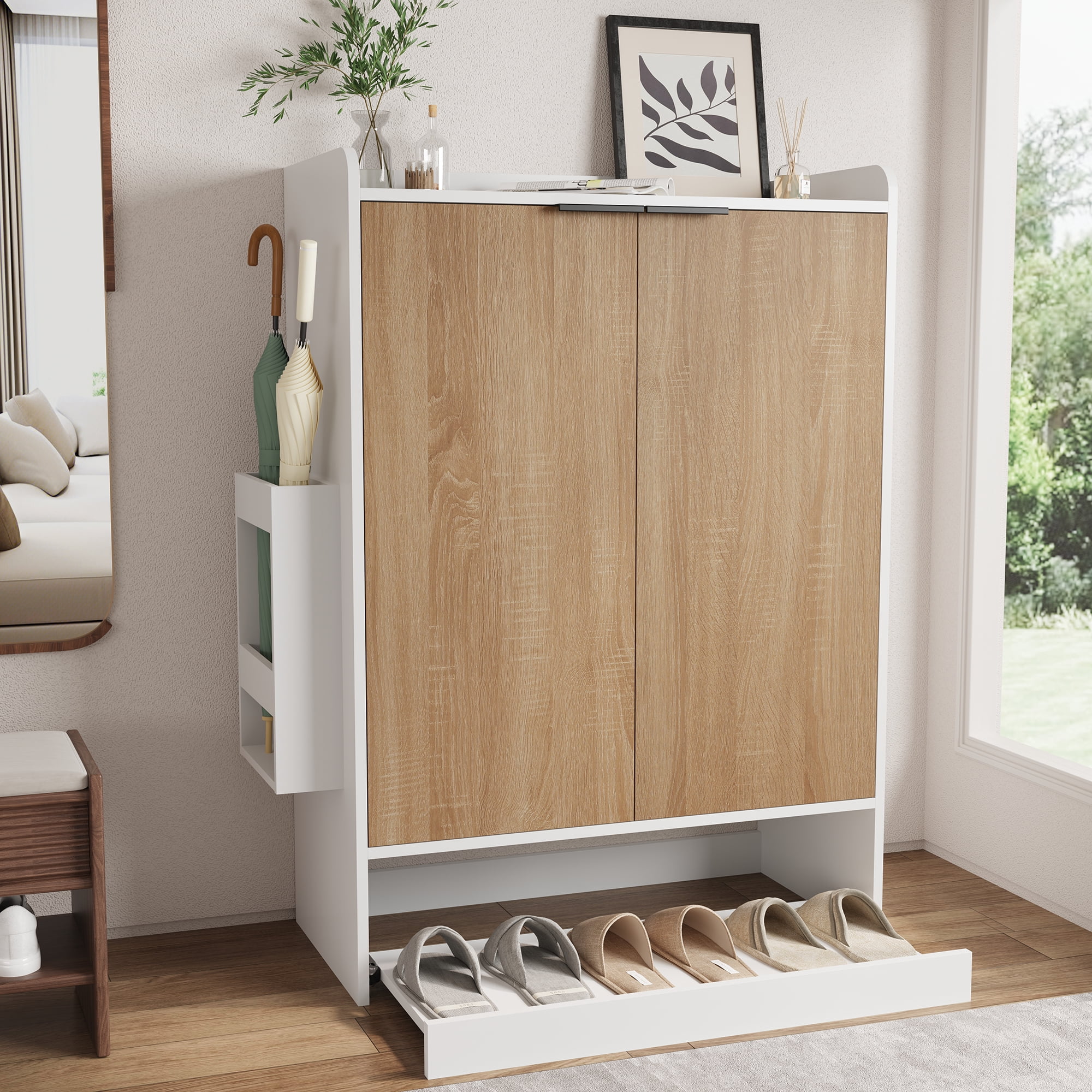 JOIVI Shoe Cabinet Storage for Entryway, 2-Door 5-Tiers Wood Shoe Rack Organizer w/ Adjustable Shelves, Slide-out Design, for Living room, Front door, Light Wood