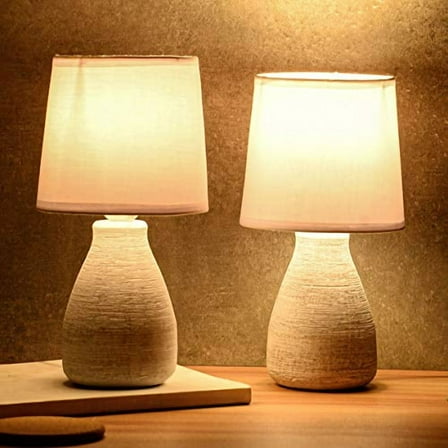 Small Table or Bedside Lamp - White - Ceramic Base in Stone Finish - 11 Inches