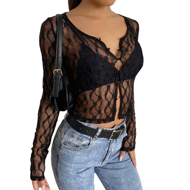Fortune Cardigan en Dentelle Transparente pour Femmes, Été, Manches Longues, Col Rond, Boutonné