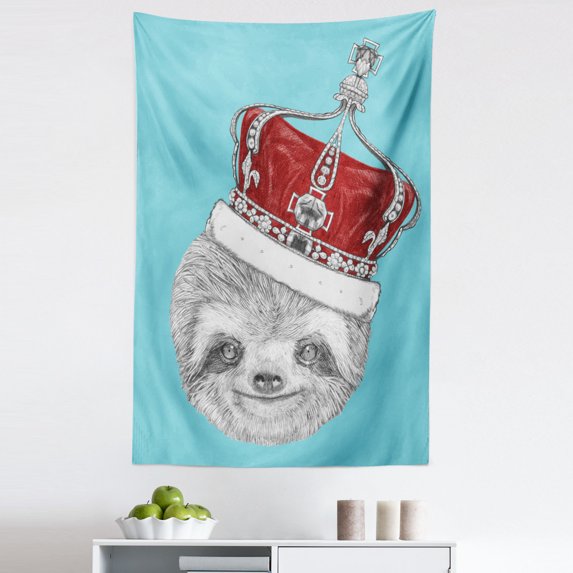 Sloth Tapestry, Hand Drawn Animal with Imperial Crown King of Laziness Theme, Fabric Wall Hanging Decor for Bedroom Living Room Dorm, 5 Sizes, Aqua Burgundy Grey, by Ambesonne