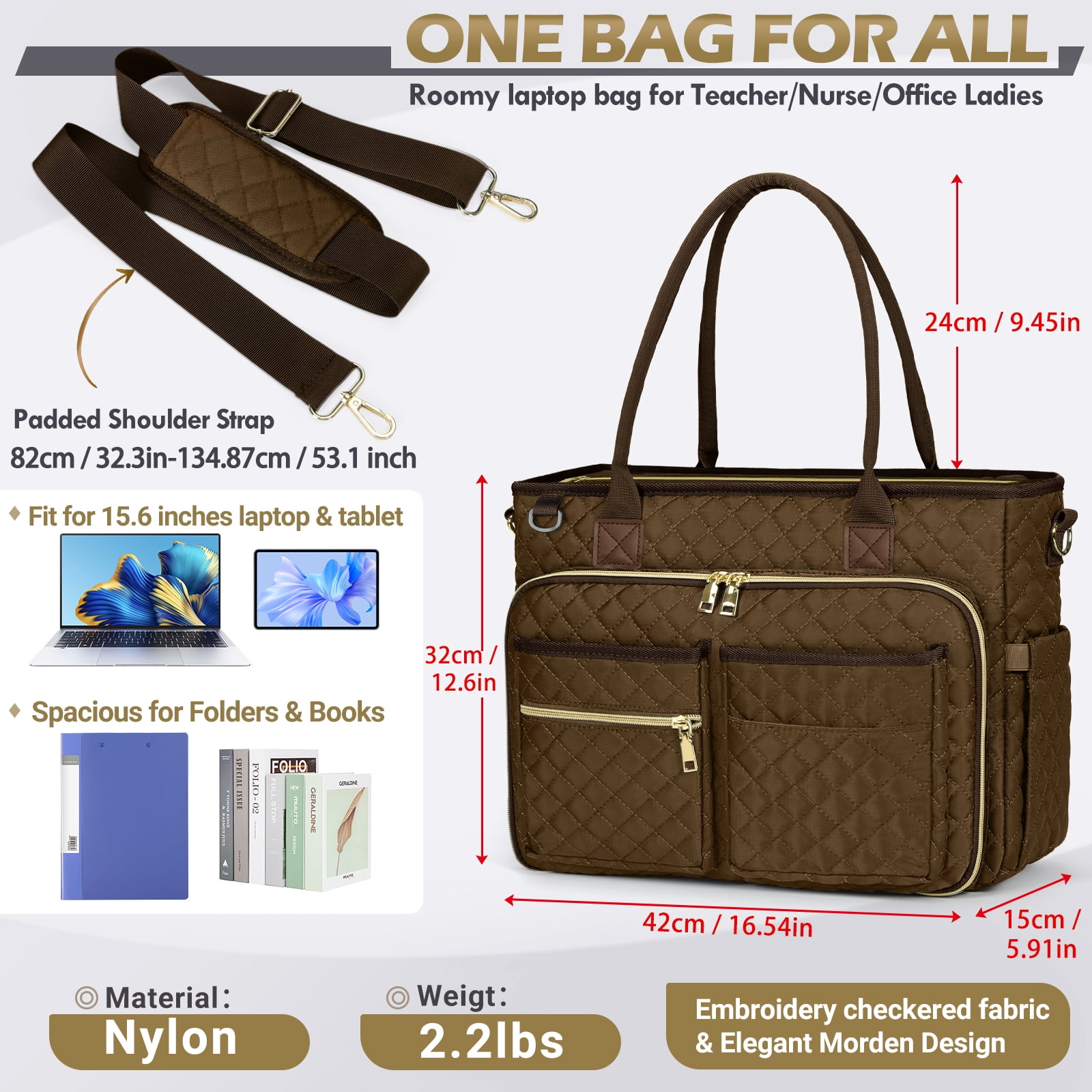 RAINSMORE Teacher Tote Bag 15.6 inch Laptop Bag for Women College Laptop Briefcase for Work Office Nurse Bag Professional Computer Messenger with Insulated Pocket,Coffee