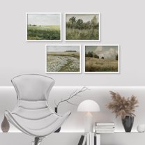 PixonSign Framed Wall Art Green Meadow Countryside Fields Landscapes Prints, Set of 4 Nature Wilderness Paintings, Minimalism Wall Décor, Adhesive Canvas Poster for Home Decor - 11"x14" White