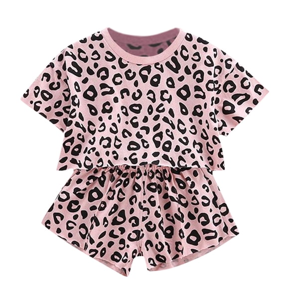 SonxaHe Toddler Girls Outfit Set Leopard Print Short Sleeve Tshirt Short Fashion Daily Sports Outfits Pink,Size 12 M-6 Y