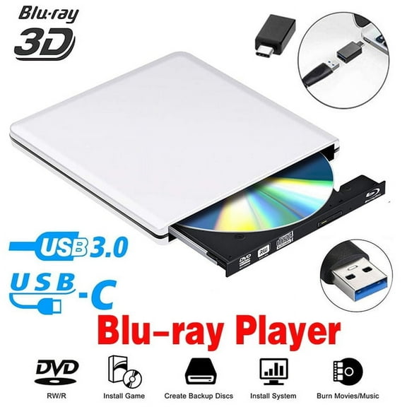 USB 3.0/USB-C External Blu-Ray DVD/BD/CD Drive, Portable Ultra-Thin 3D Blu-ray Player/Writer/Burner for The MacBook Pro Air, Apple Mac and So On Various Brand Computer Desktop, Laptop, Silver