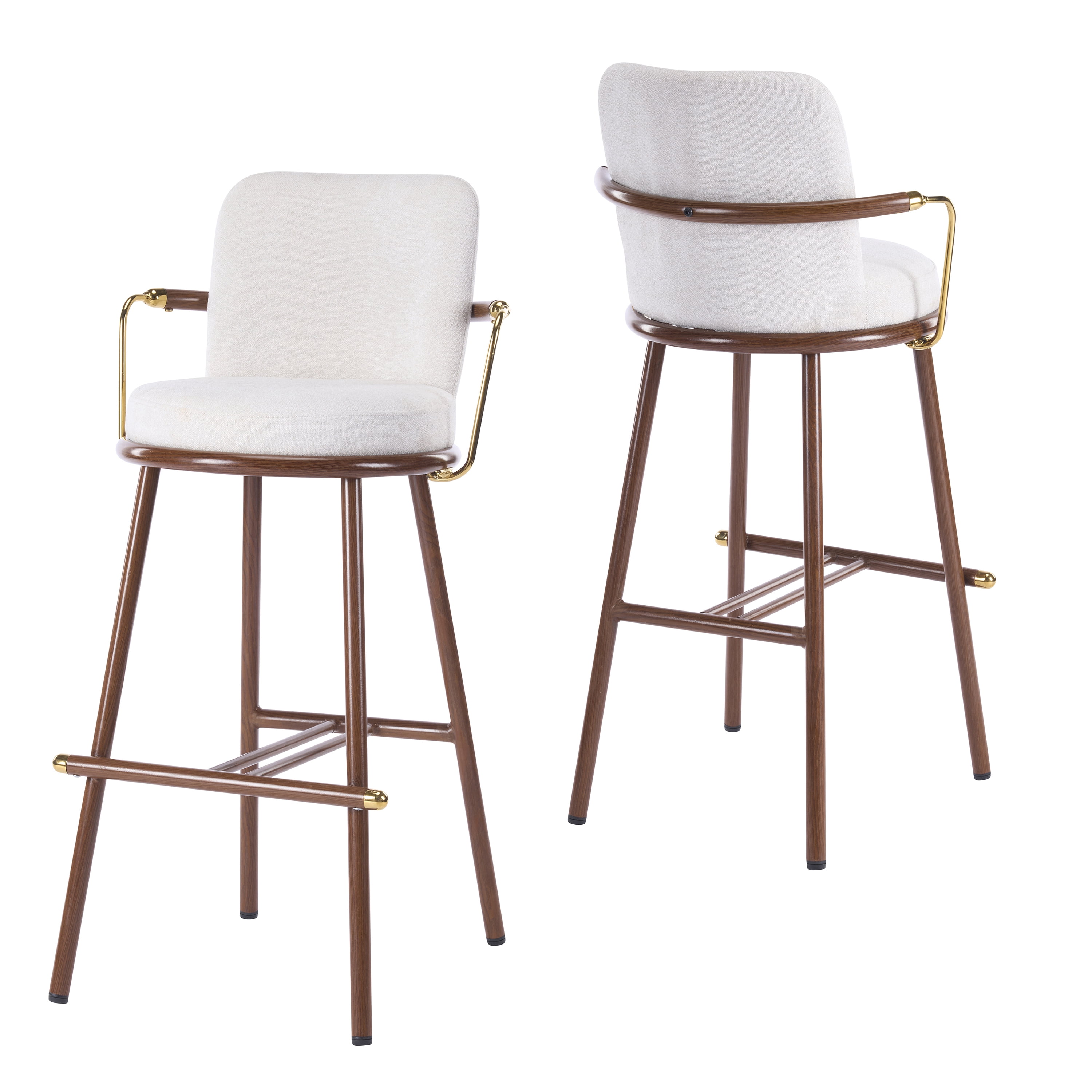 Indoor Upholstered Bar Stool with Metal Frame, Walnut Finished and Beige Upholstery, Set of 2
