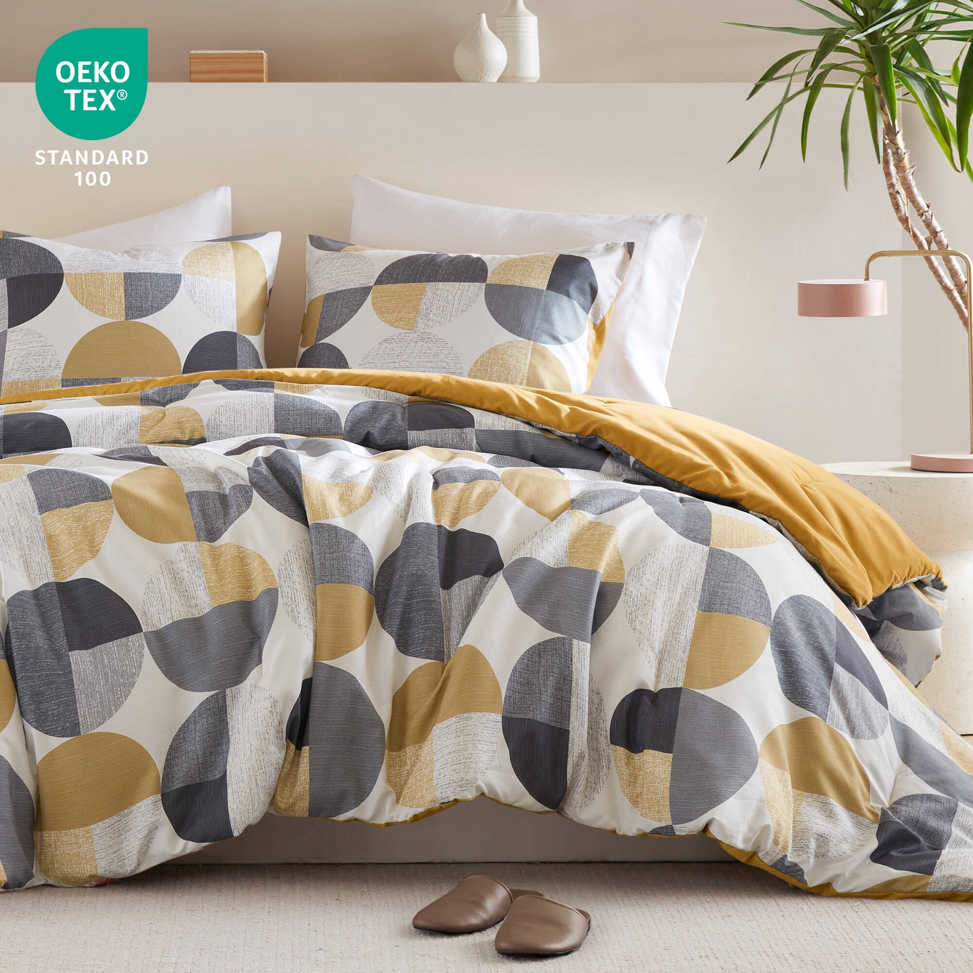Regency Heights Queen Size Comforter Set, 9-Piece Bed in a Bag Queen, Round Geometric Print Bedding Comforter Set with Sheets, Yellow