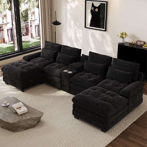 Rophefx Chenille Oversized Cloud Modular Sofa,134" U Shaped Sectional Sofa Couch with Storage Console&USB Port,6 Tufted Deep Seater Couch Set for Living Room,Shining Black