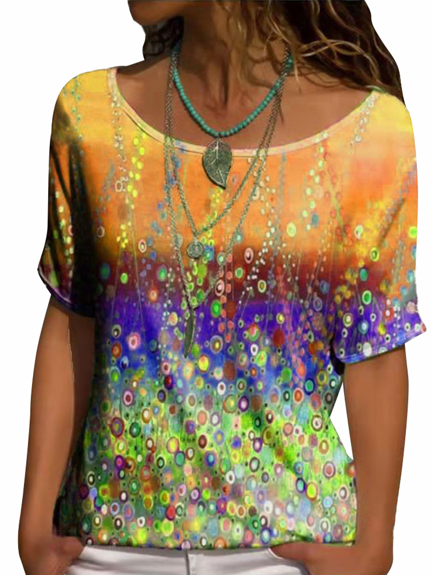 Pfysire Women Short Sleeve Boho Floral Gradernt Shirt Blouse Tops