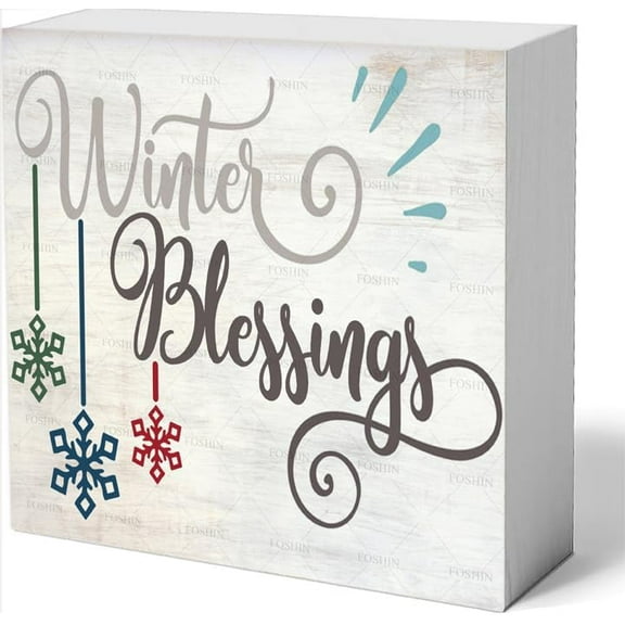 Decor For Home Office Desk Winter Blessings Sign Christmas Sign Art Wood Box Sign Rustic Wooden Box Sign Farmhouse Home Office Desk Shelf Decor (5 X 5 Inch)